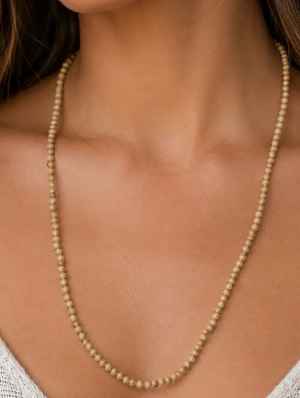 Tan Polished Stone Mini Beads 34 Inch Strand Necklace Natural Boho Jewelry